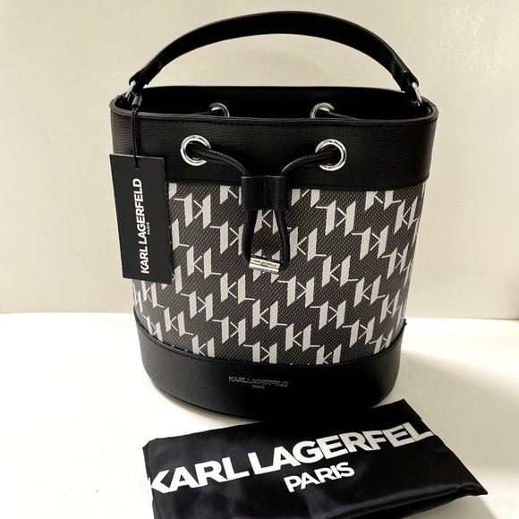 Karl Lagerfeld Paris Adele Logo Monogram Bucket Bag Black Gray Crossbody NWT - Picture 12 of 12